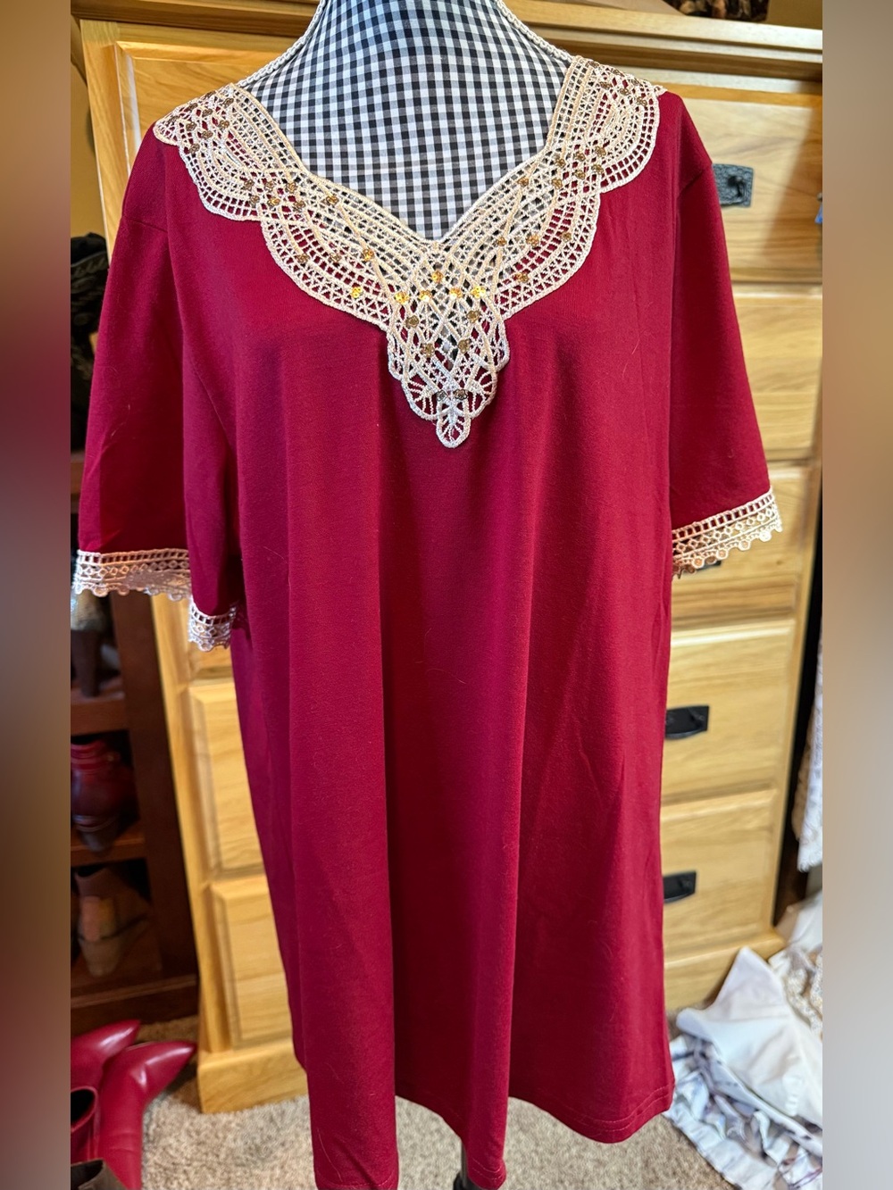 Vintage-Inspired Red Women's Top with Lace Trim - new without tag